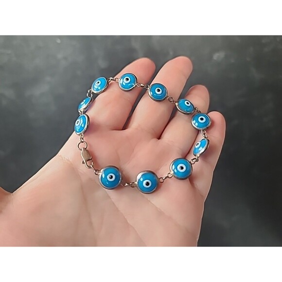 925 Sterling Silver Evil Eye Beaded Blue Glass Bracelet Vintage - Picture 3 of 10